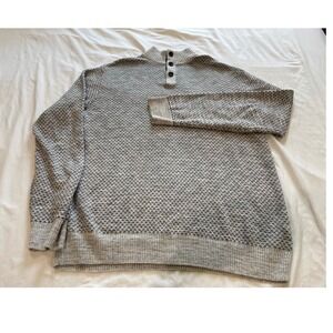 Chaps Mens Grey Black Birdseye Knit Cotton Mock Neck Button Sweater Large